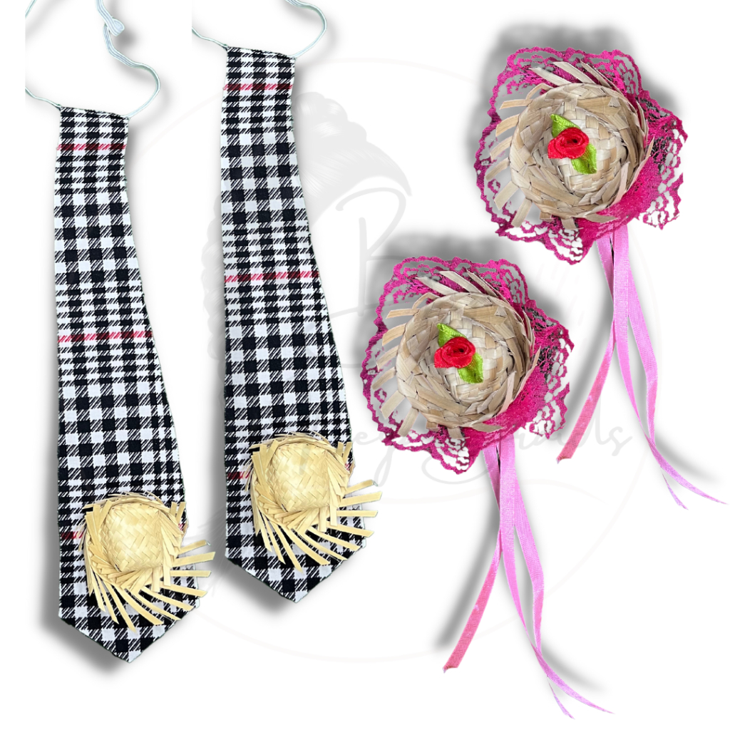 Kit 24 Enfeite Festa Junina 12Presilha Mini Chapéu de Palha + 12 Gravata Chapéu De Palha Acessório L