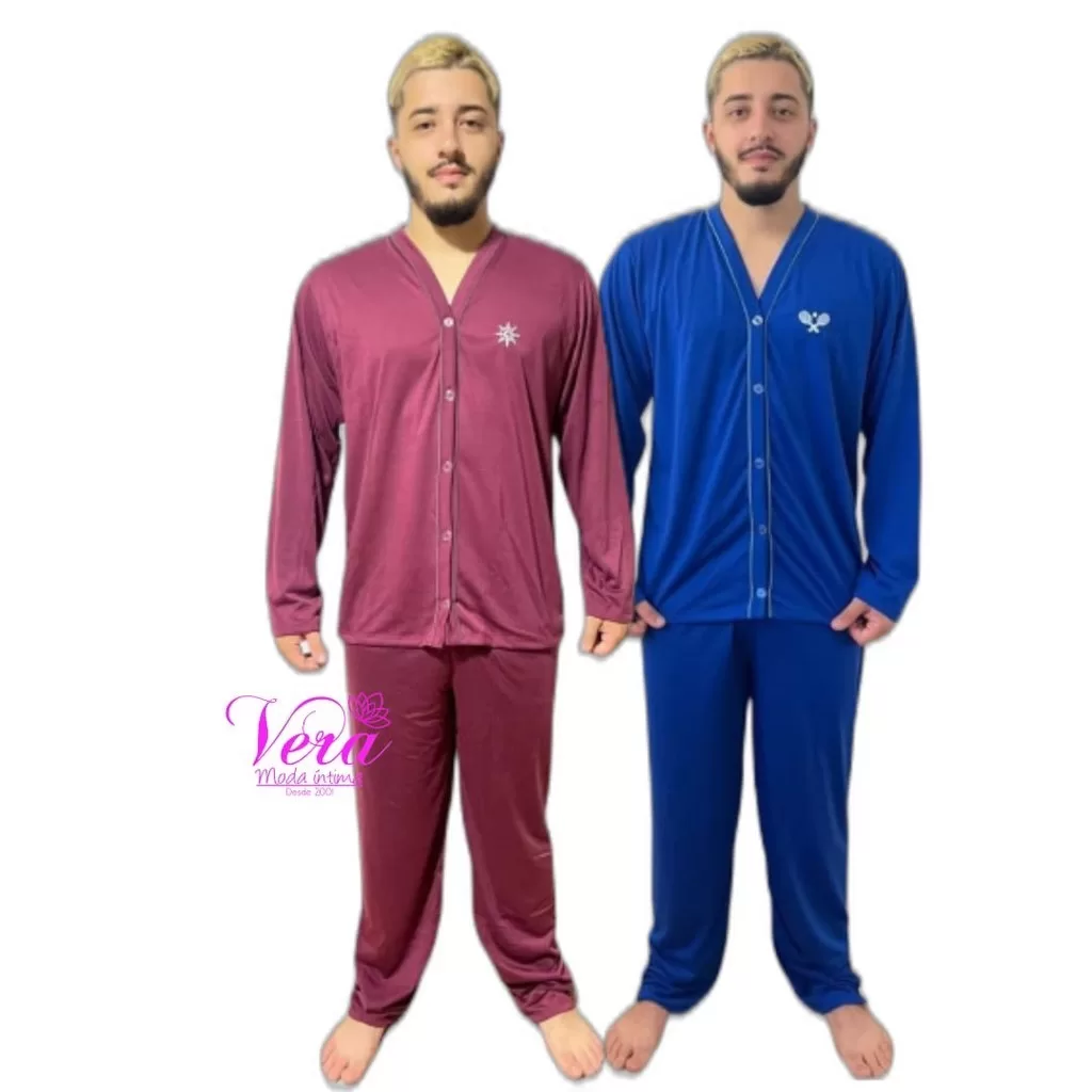 Kit 2 Pijama Masculino Adulto Aberto Botão Longo Cirurgia