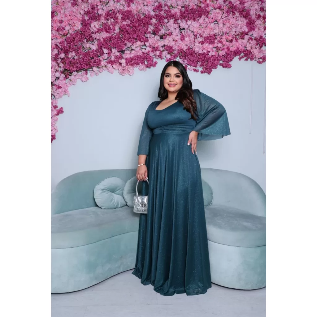 Vestido Feminino Plus Size Longo Manga Curta de Tule Brilhante Luxuoso de Festa e Formatura