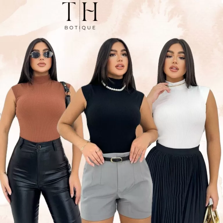 Body Feminino Gola Alta Anarruga Canelado Manguinh