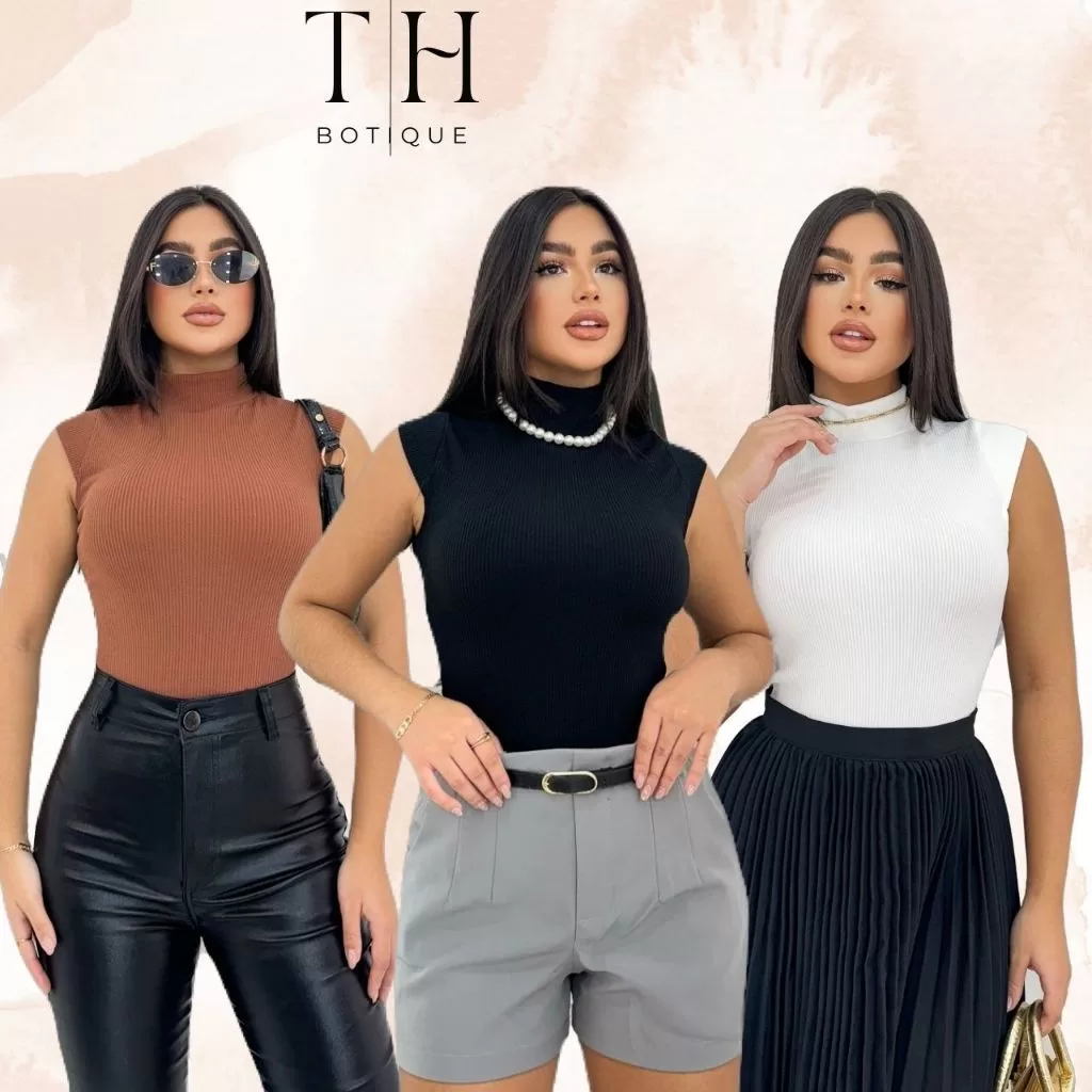 Body Feminino Gola Alta Anarruga Canelado Manguinha Blusinha Moda Verão 2025