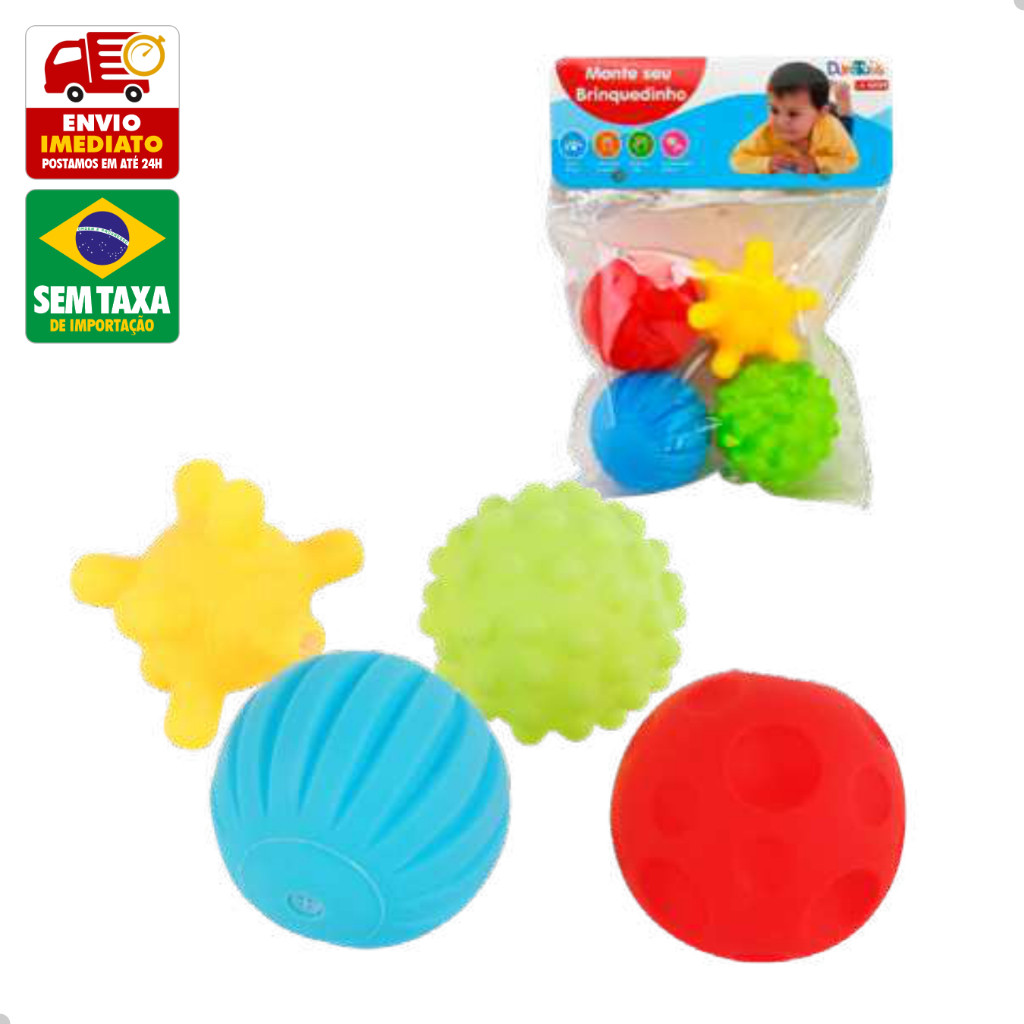 Kit 4 Bolinhas Sensoriais de Apertar para Bebês com Textura DuteToys DTY0953