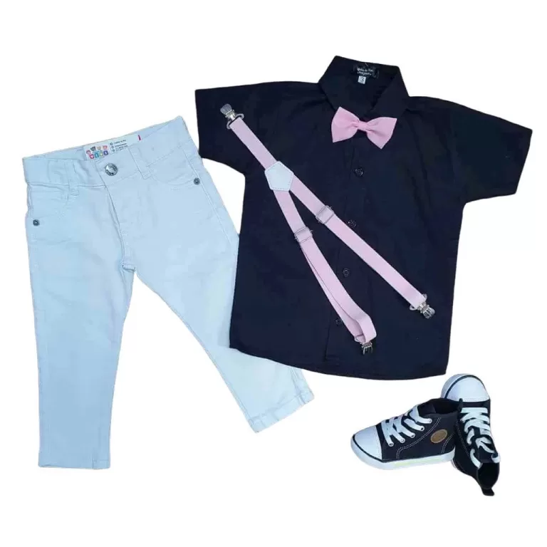 Calça branca com camisa Preta Curta Infantil