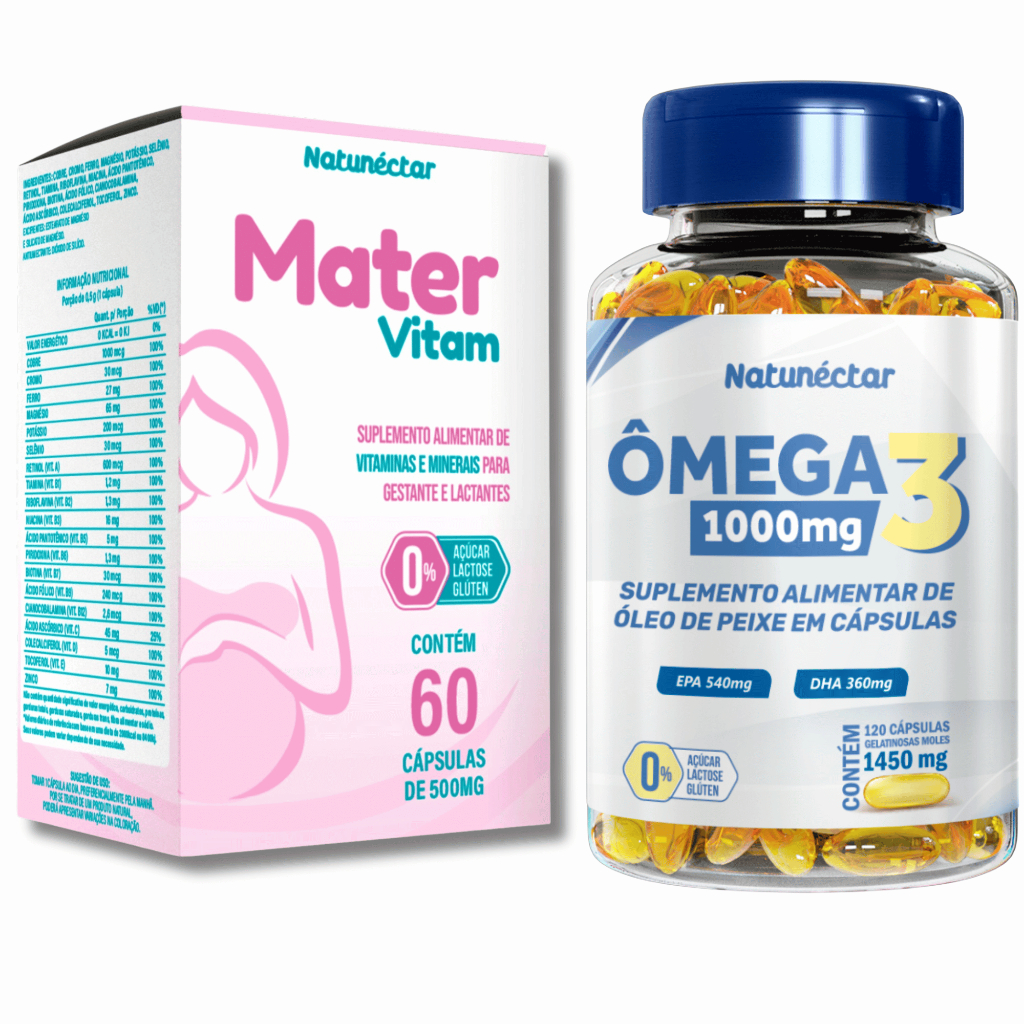 Vitaminas Gestante Multivitamínico Mater Vitam 60 Caps + Ômega 3 100MG DHA EPA 120 Caps Natunéctar