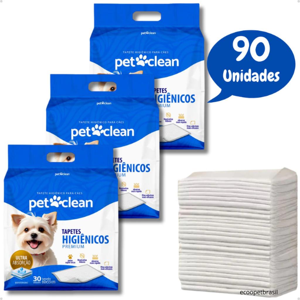 Tapete Higiênico Premium Ultra Absorção Gel para Cachorro Kit 90 Unidades 60 x 55 cm – Pet Clean