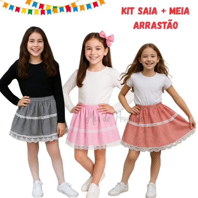 Kit Saia Junina Infantil e Juvenil  + Meia Arrast