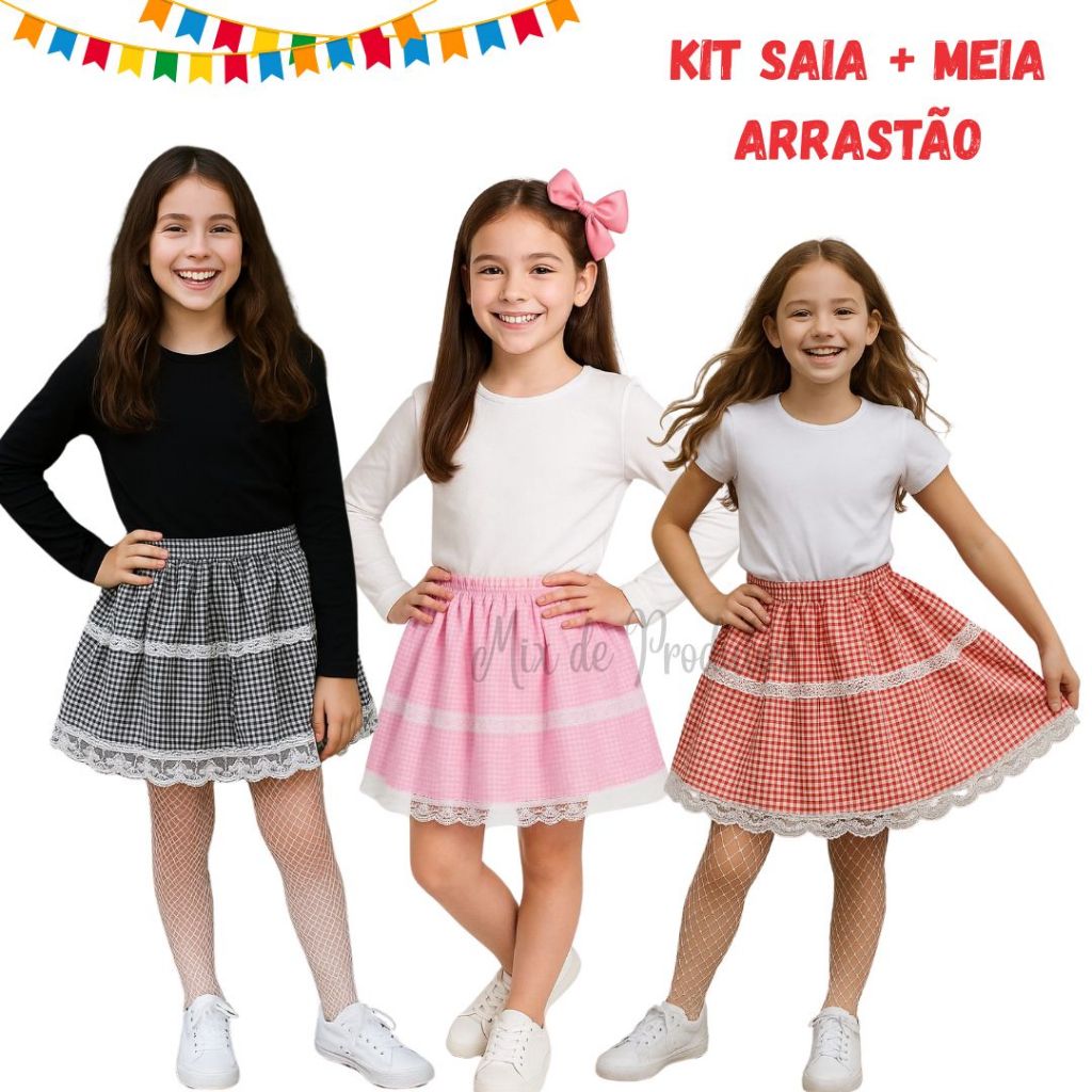 Kit Saia Junina Infantil e Juvenil  + Meia Arrastão Festa Arraia Xadrez