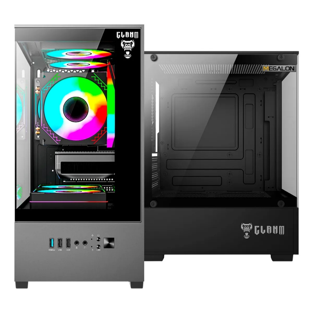 Gabinete Gamer Clanm Megalon Aquario Mini ATX ITX Vidro Temperado Premium Preto 5 Coolers 120mm