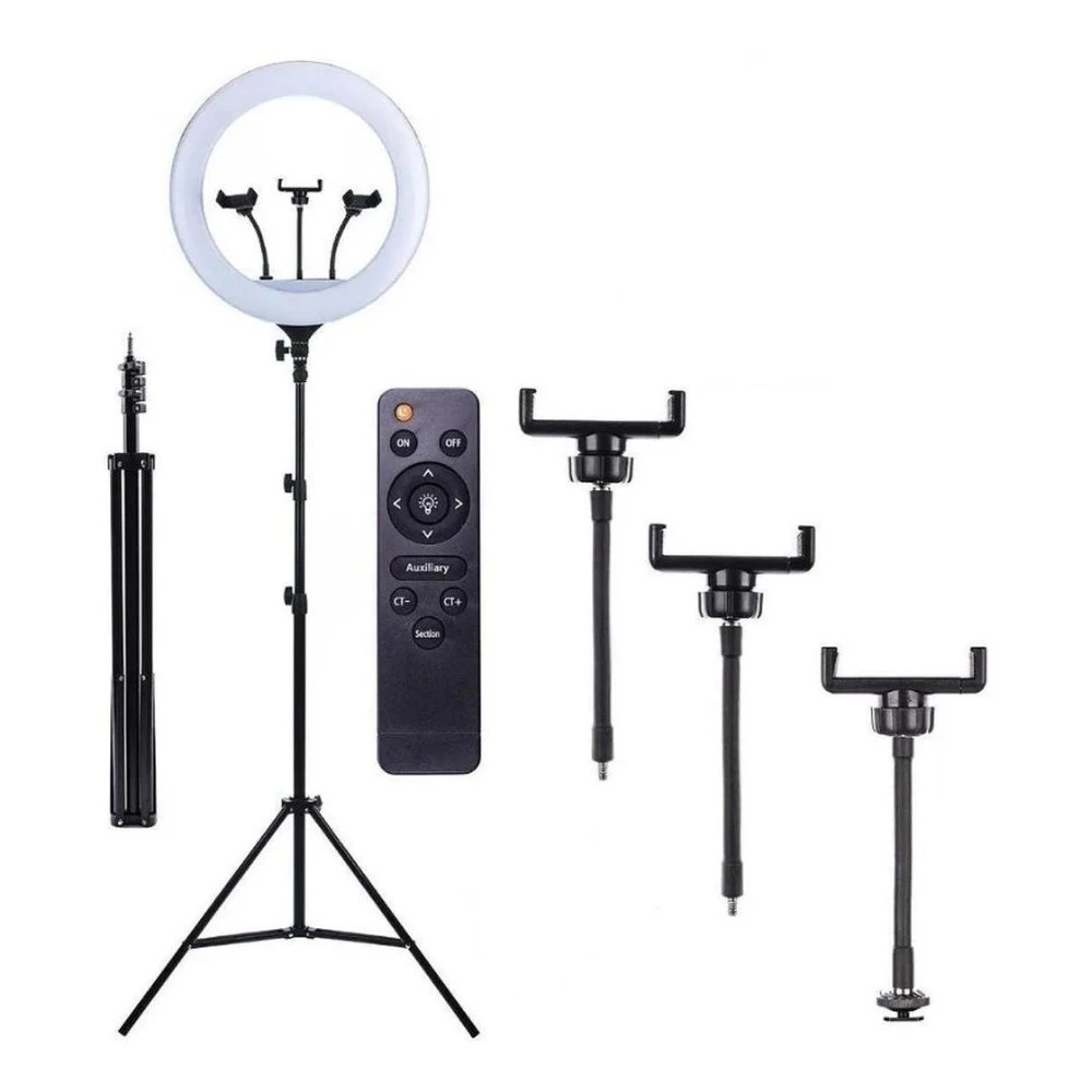 Ring Light 18 Profissional com Tripé 2,10m + 3 Suportes Celular e Controle