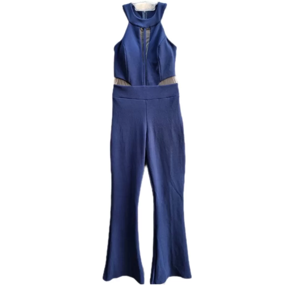 Macacão feminino malha crepe longo com tule