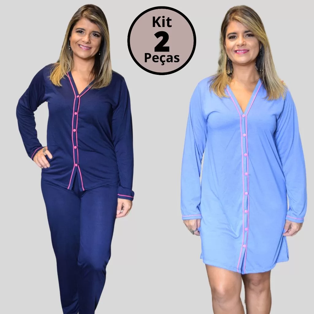Kit com 2 Pijamas Amamentação (Camisola + Pijama) manga Longa Amamentação em Malha Cores Sortidas
