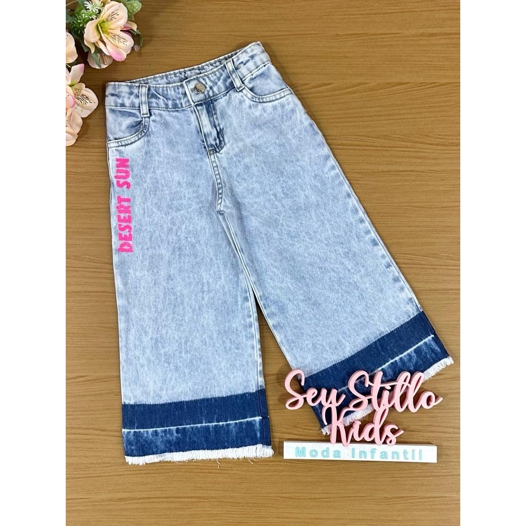 Calça Wide Leg Infantil Mon Sucré Inverno Jeans Claro