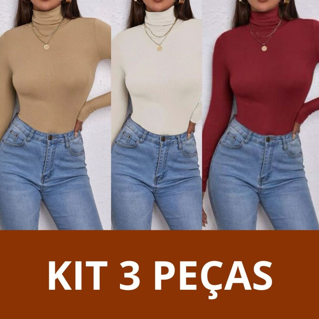 KIT 3 Blusas Femininas Gola Alta Cacharrel Segunda Pele Térmica