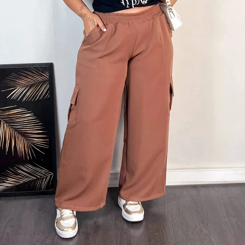 Calça Cargo Pantalona Alfaiataria Feminina Plus Size Casual Elegante 1187-A