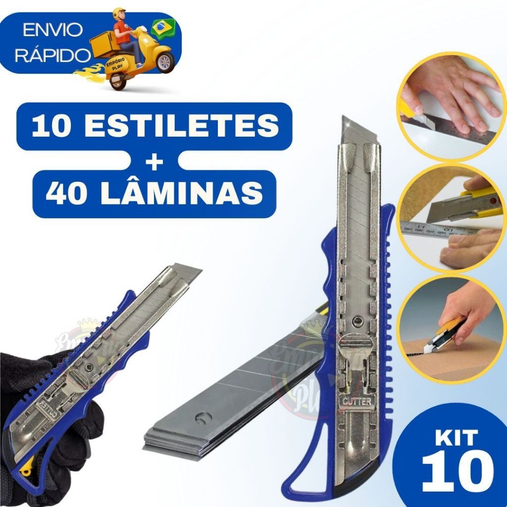 Kit 10 Estilete Profissional 18mm Com Trava Aço Maciço Com Lâminas Reserva Papel Tecido Pastico