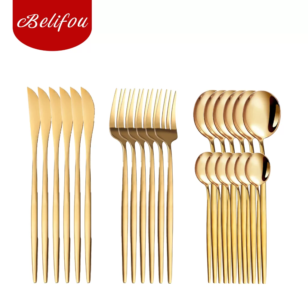 Belifou Kit 24 Jogo De Talheres Inoxidável 416 Suprimentos Cozinha Talheres Dourados Talheres