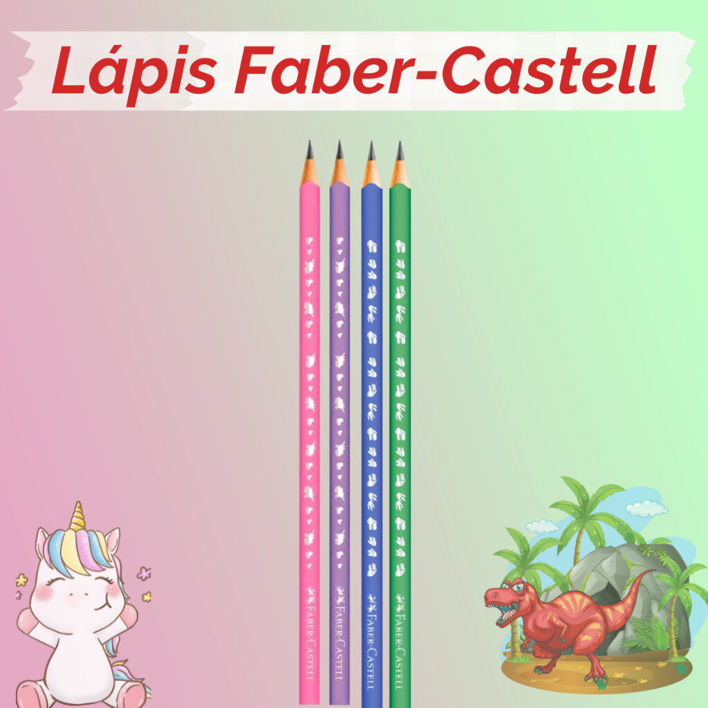 Lápis Triangular Unicórnio e  Dinossauro Ecolápis Preto de Escrever 4 Und Acabamento Holográfico