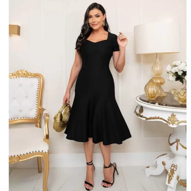 Vestido Social Feminino Midi Sereia em Crepe com e