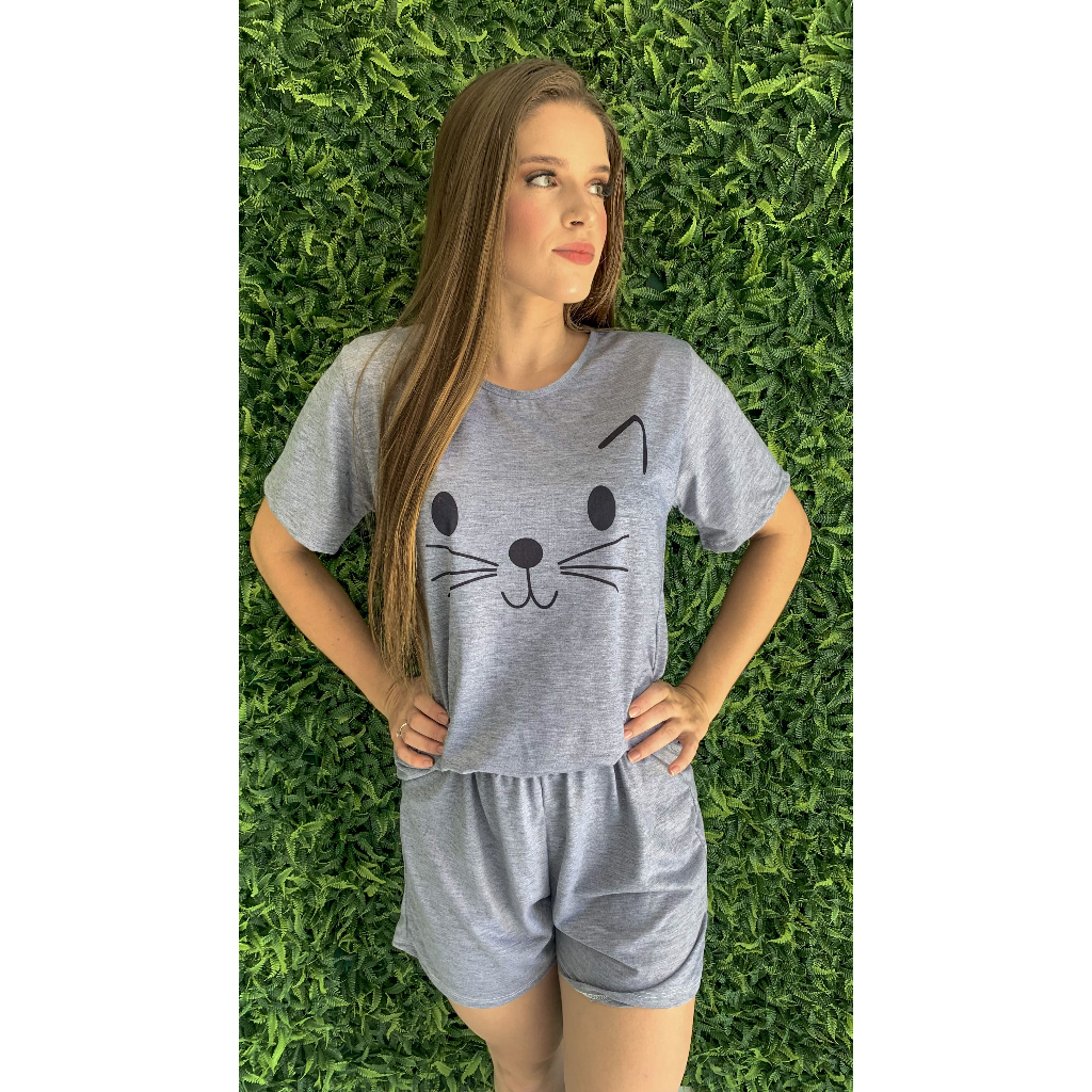 Pijama Feminino Adulto Manga Curta Curto De Verão