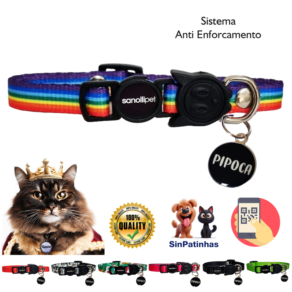 Coleira De Gato Mais Plaquinha Anti Enforcamento Com Nome E Telefone Arco Íris Luxo