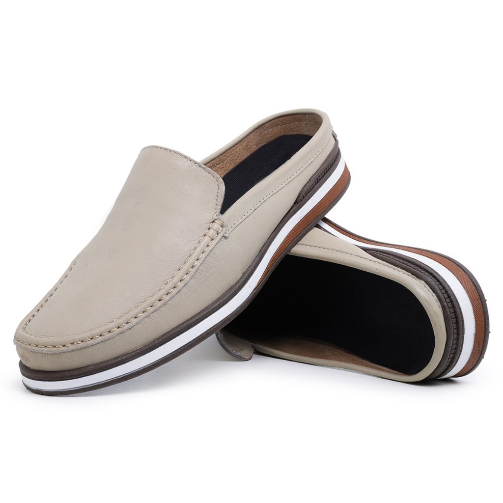 Mule em Couro Legítimo Estiloso Mocassim Casual Confortável em Couro Legítimo