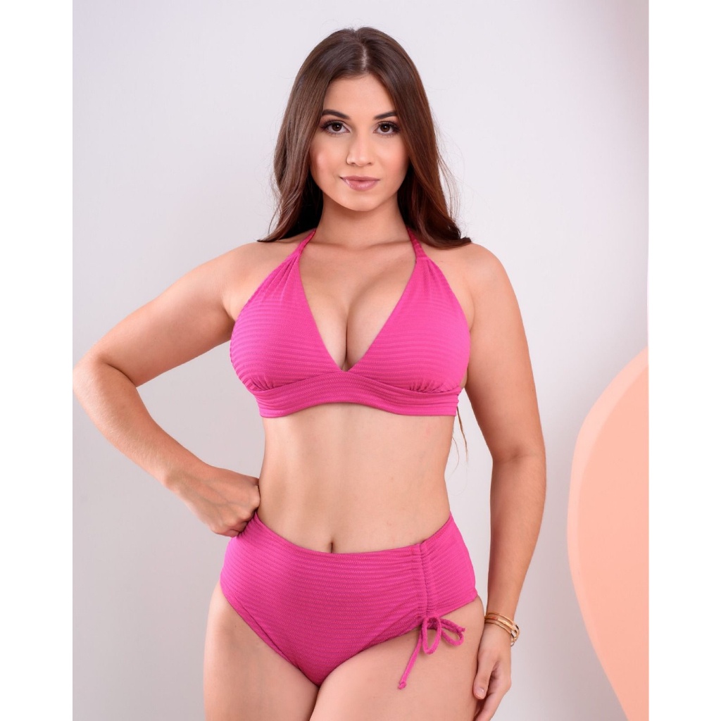 Biquíni feminino moda praia calcinha cintura alta hot pant laço lateral tecido texturizado (Ref120c)