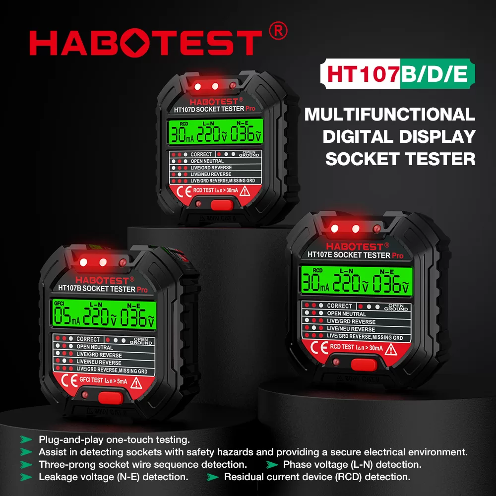 HABOTEST HT107 Socket Tester Voltage Line Tester RCD 48V-250V Voltage Measurement GFCI Localizador