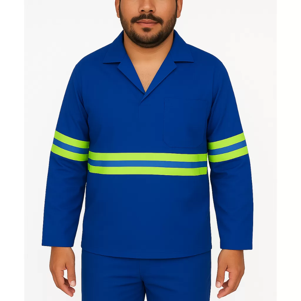 Camisa Jaleco Trabalho Brim Uniforme Profissional Faixa Refletiva Obra Uniforme Serviço