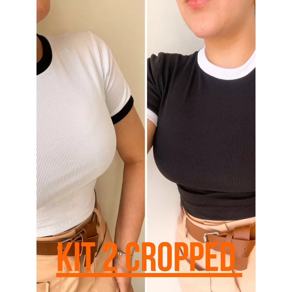 kit 2 Cropped Canelado Manga Curta Gola Redonda Feminino Elegante Verão Tendência Blusinha