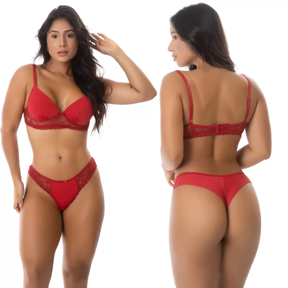 Conjunto Soft Lingerie Com Bojo Detalhe Em Renda Confortável Poliamida