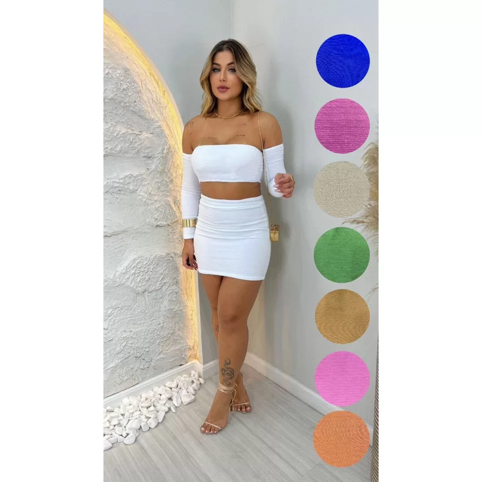 Conjunto Feminino Tomara que Caia com Saia e Cropped Manga Longa  Conjunto da Vivi para Looks Sofist