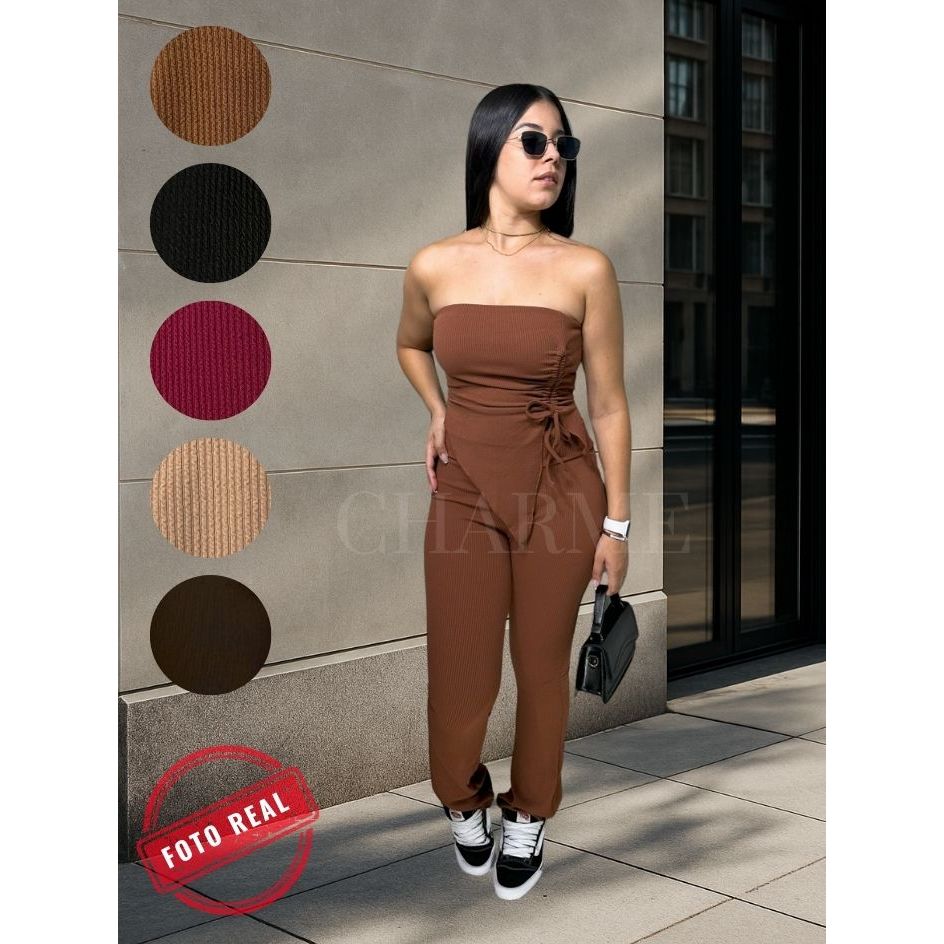 Conjunto Feminino Tomara que Caia e Calça Flare Cropped Blusinha Com Regulagem Tecido Premium Moda G