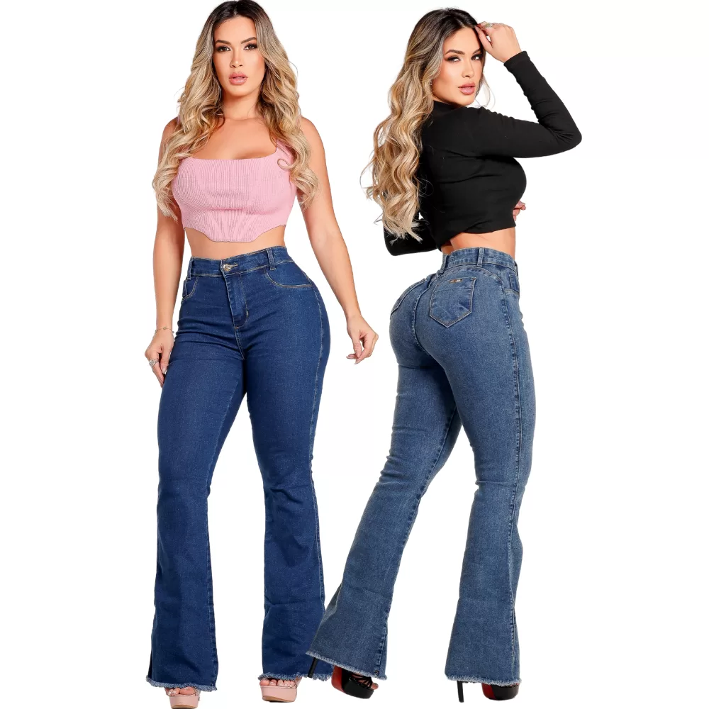 Kit de 02 Calças Flare Marmorizada e Azul Lycra Modelagem Levanta Bumbum Boca de Sino Strech