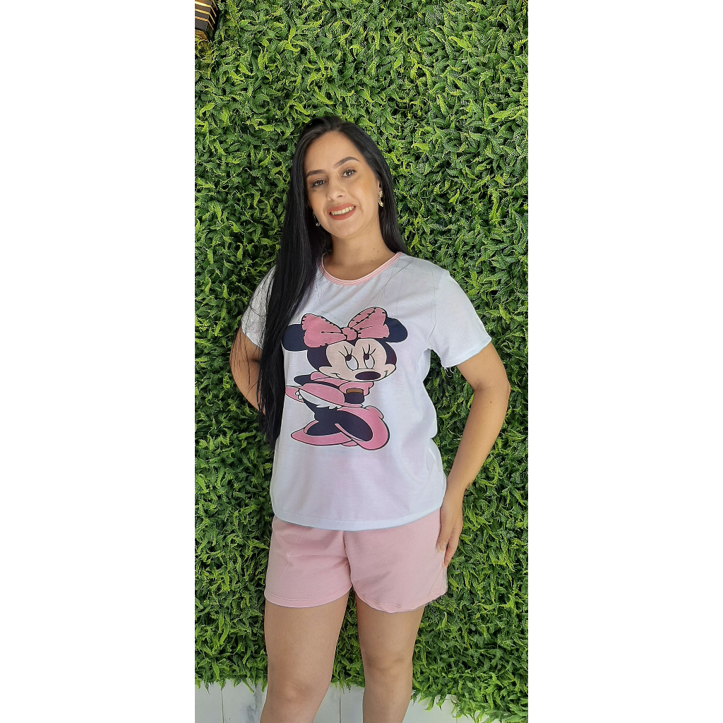 Pijama Feminino Adulto Com Manga Curta Curto De Verão Animado Minnie