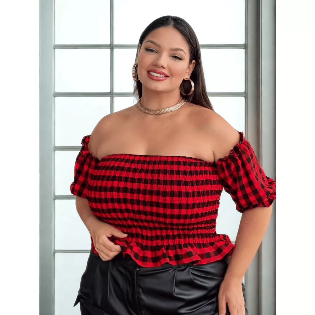Blusa Cropped Feminina Xadrez Plus Size Tomara Que Caia Elástica Ciganinha Fresquinha Festa Junina