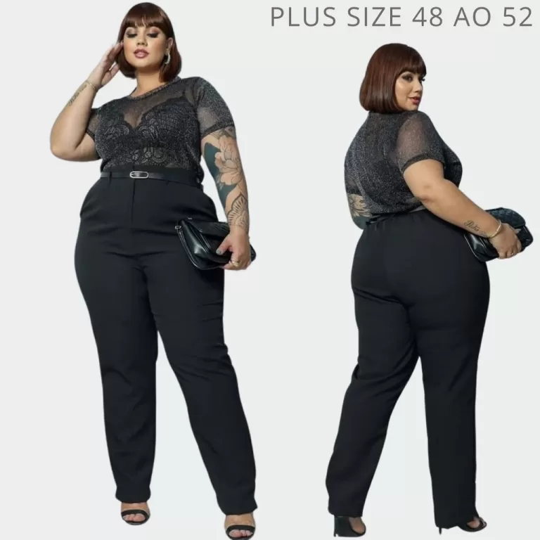 Calça Alfaiataria Plus Size Preta Social Com Cint