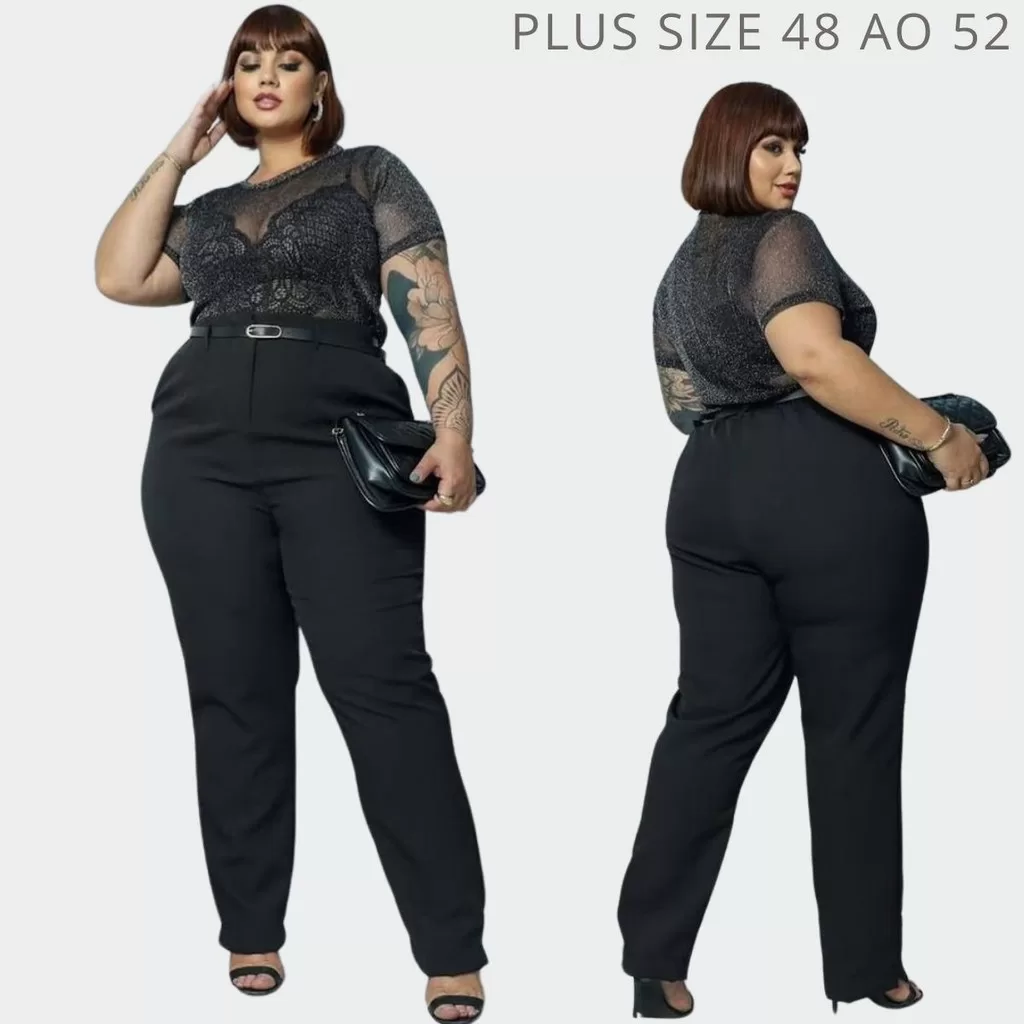 Calça Alfaiataria Plus Size Preta Social Com Cinto Elástico no Cós  G1 46 ao 48 e G2 50 ao 52