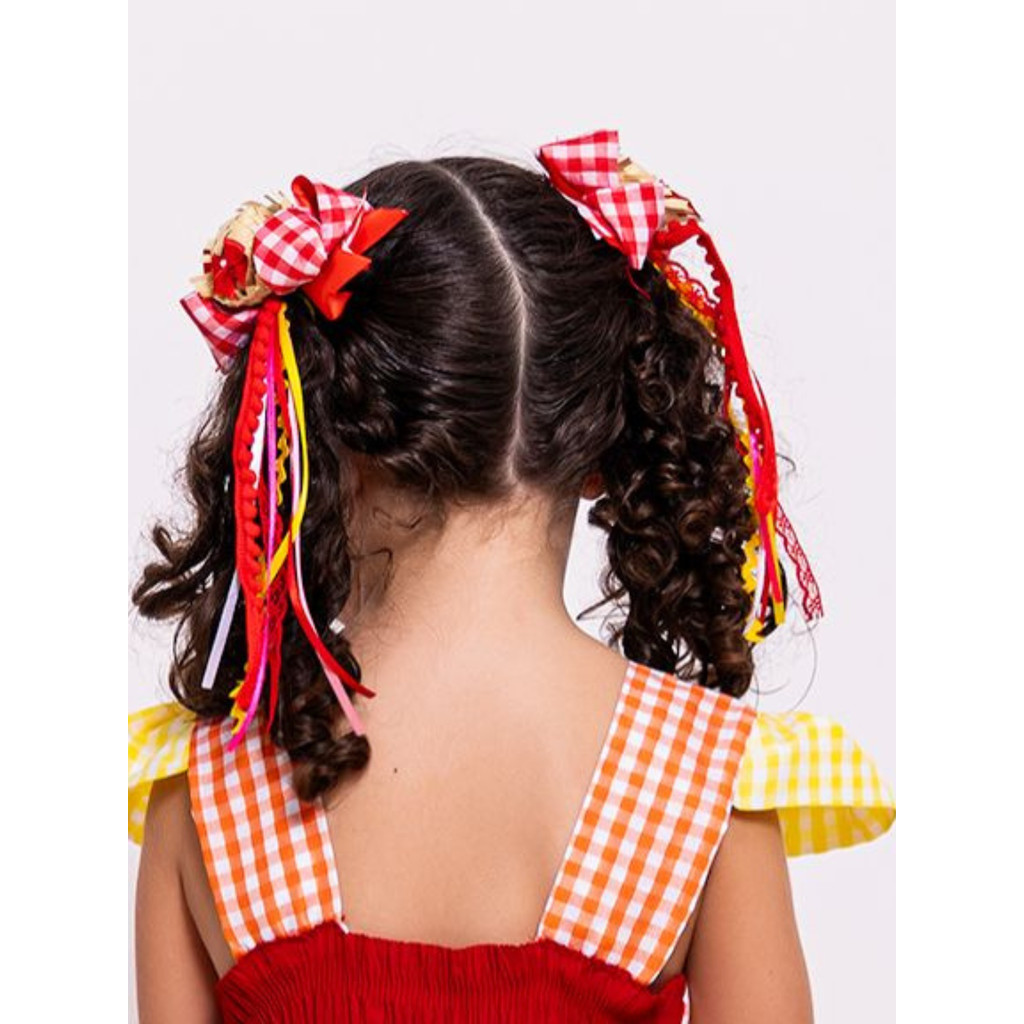 Par de Laços Infantil de Fitas Xadrez Festa Junina Chapéu