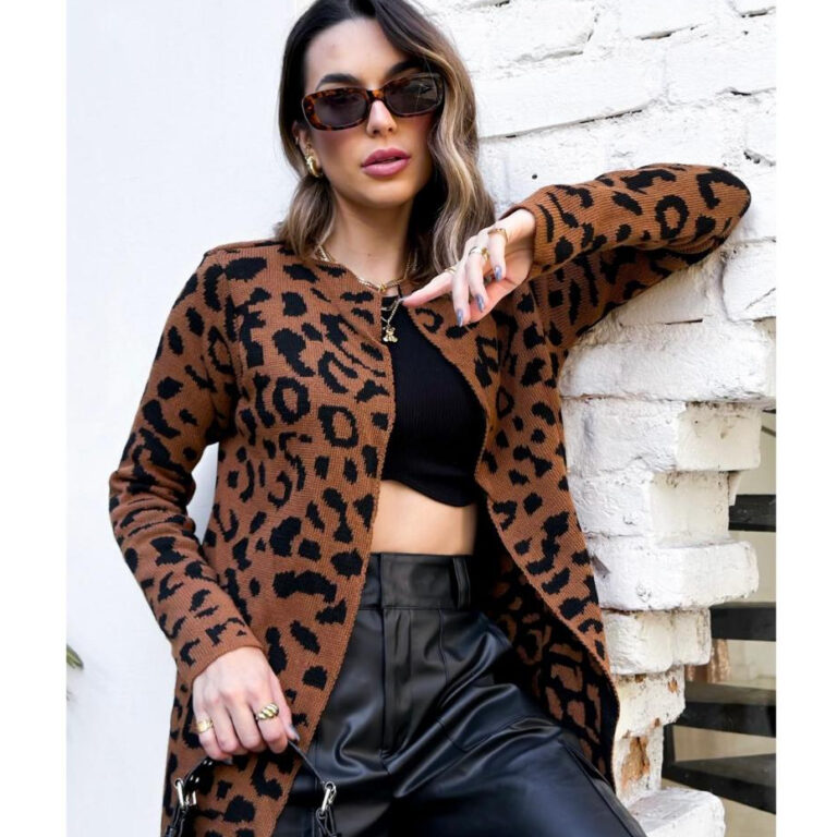 Cardigan Feminino Animal Print Casaco Onça Tricô