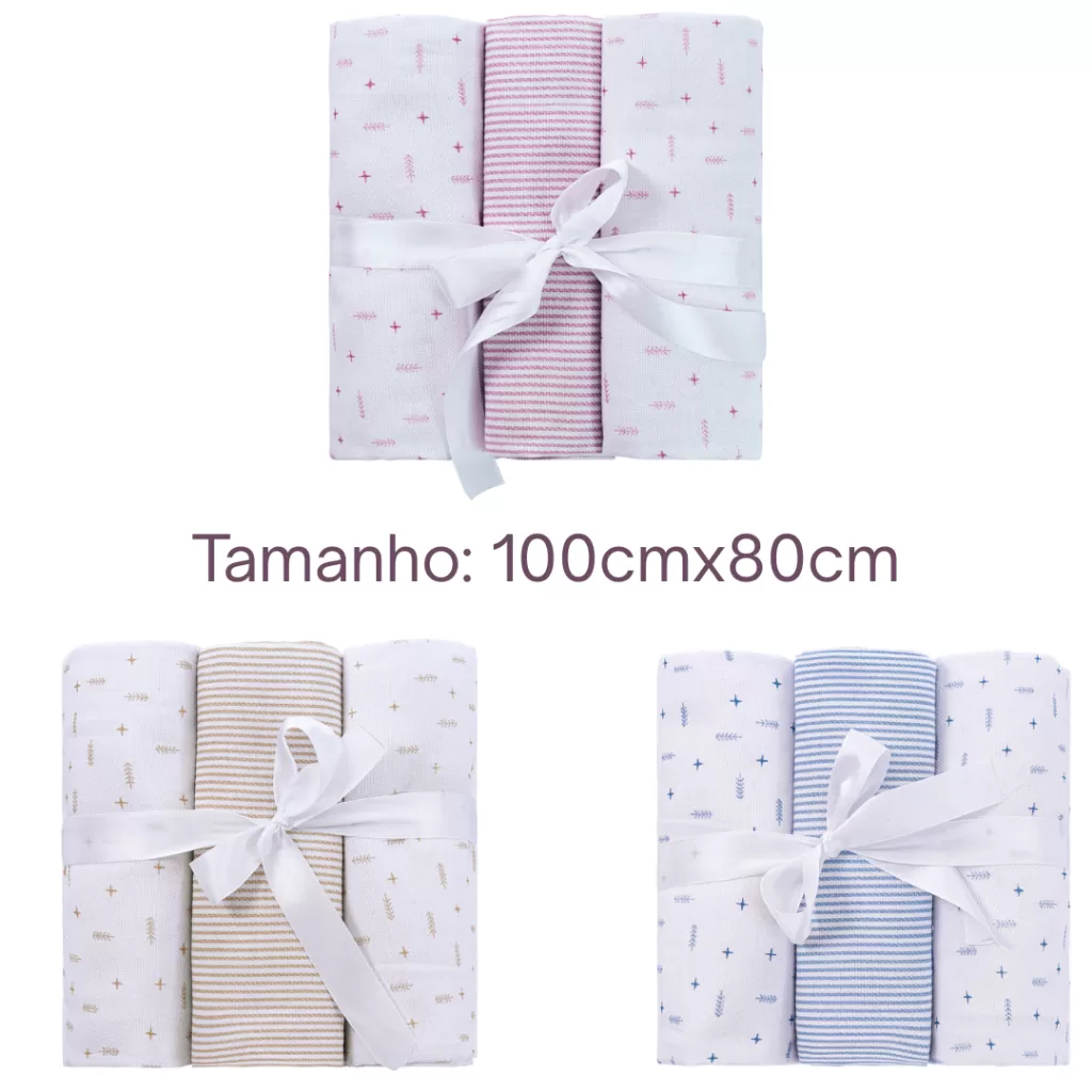Kit Manta Cueiro Bebe Flanelado 100cm x 80cm Baby Joy 100% algodão