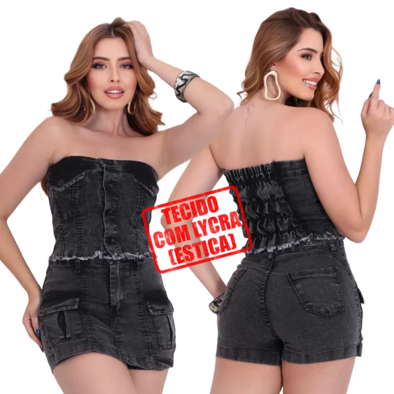 Conjunto Jeans Feminino Cropped e Short Saia Com L