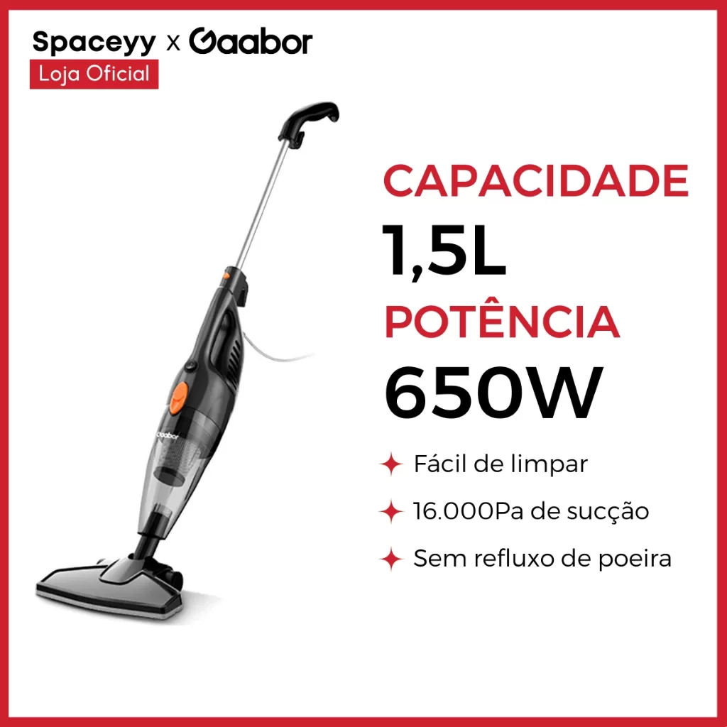 Aspirador de Pó Vertical Gaabor 2 em 1 Doméstico Leve Preto 16.000Pa Sucção Forte