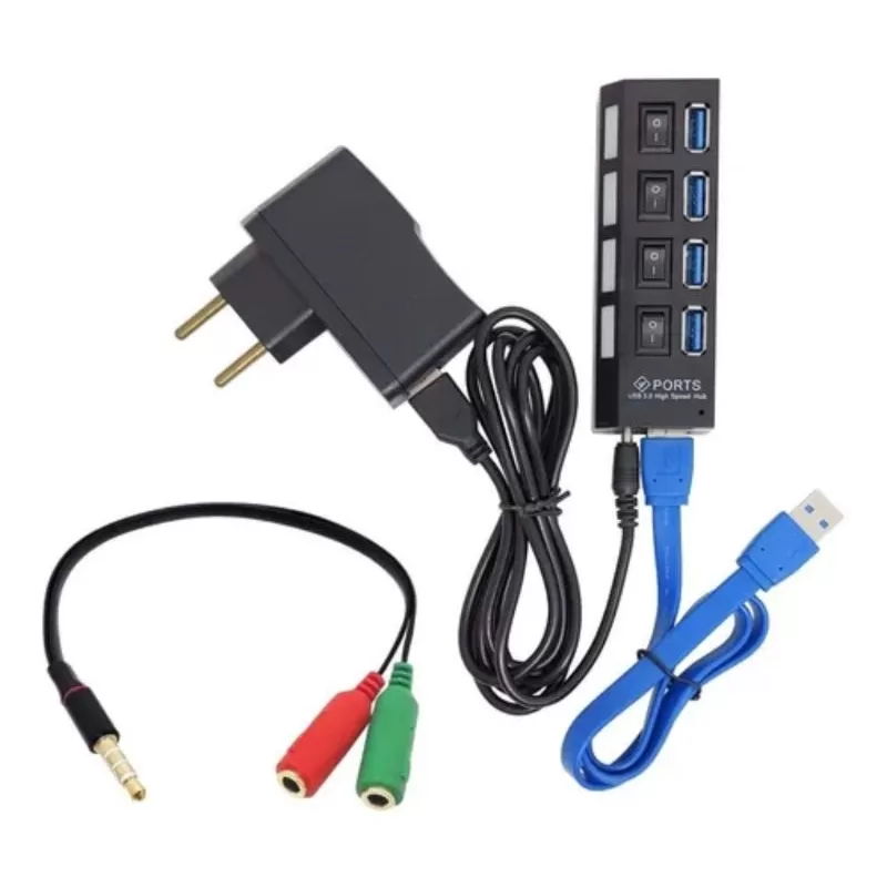 Kit Hub Usb 3.0 Hi-speed C/fonte+cabo P3 C/ 2 Jacks Mic/fone