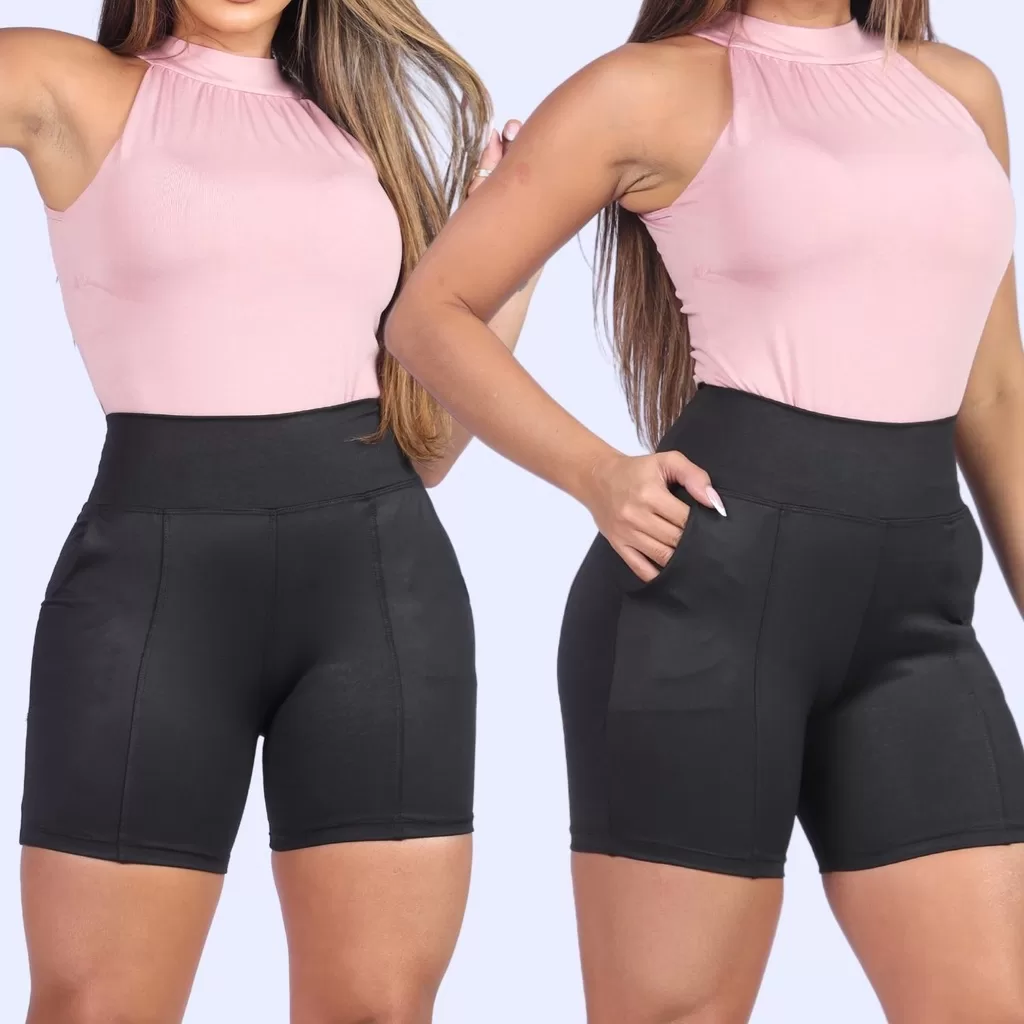 Kit 2 Bermuda Feminina Short Academia Fitness Meia Coxa Com Bolso Faca Cintura Alta Tecido Grosso