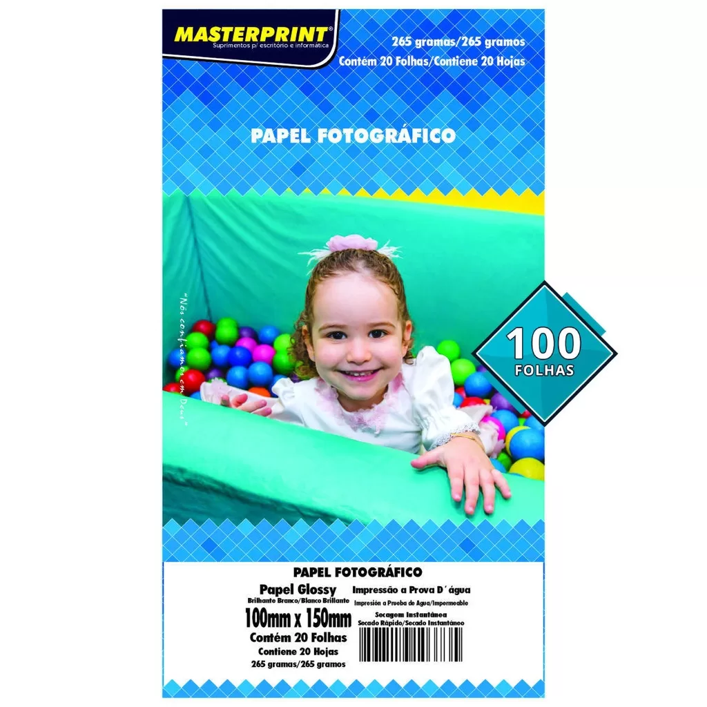 Papel 10×15 A6 265g Fotográfico Glossy Branco Brilhante Masterprint com 100 Folhas