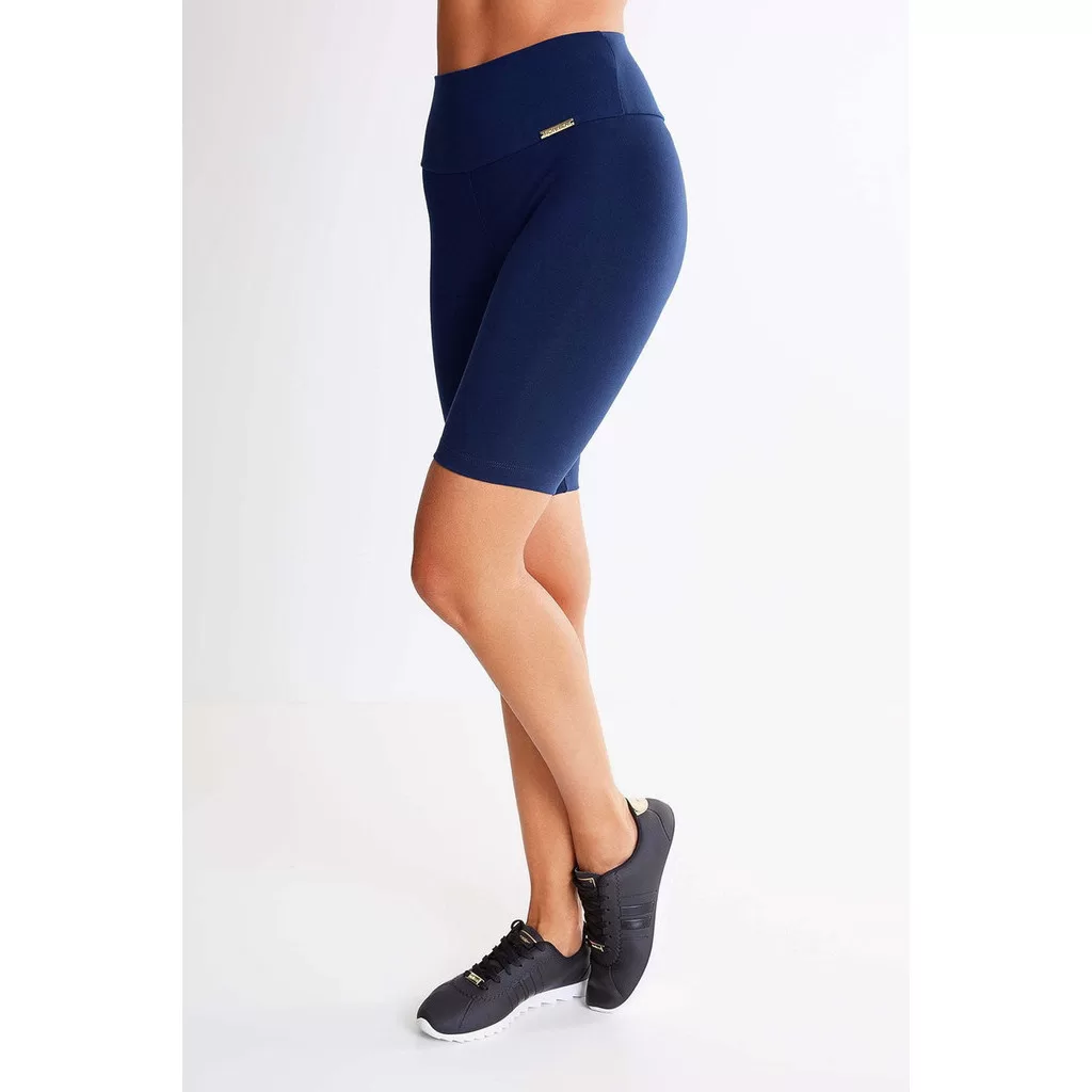 Bermuda Feminina Lisa Azul Marinho Suplex Moda Fitness Ciclista Não Transparente Cintura Alta Plus S