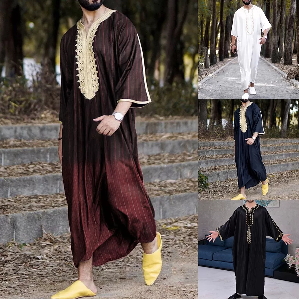Elegante Roupa Masculina De Listras Jubba Kaftan Dishdash Thobe Árabe Saudita Muçulmana