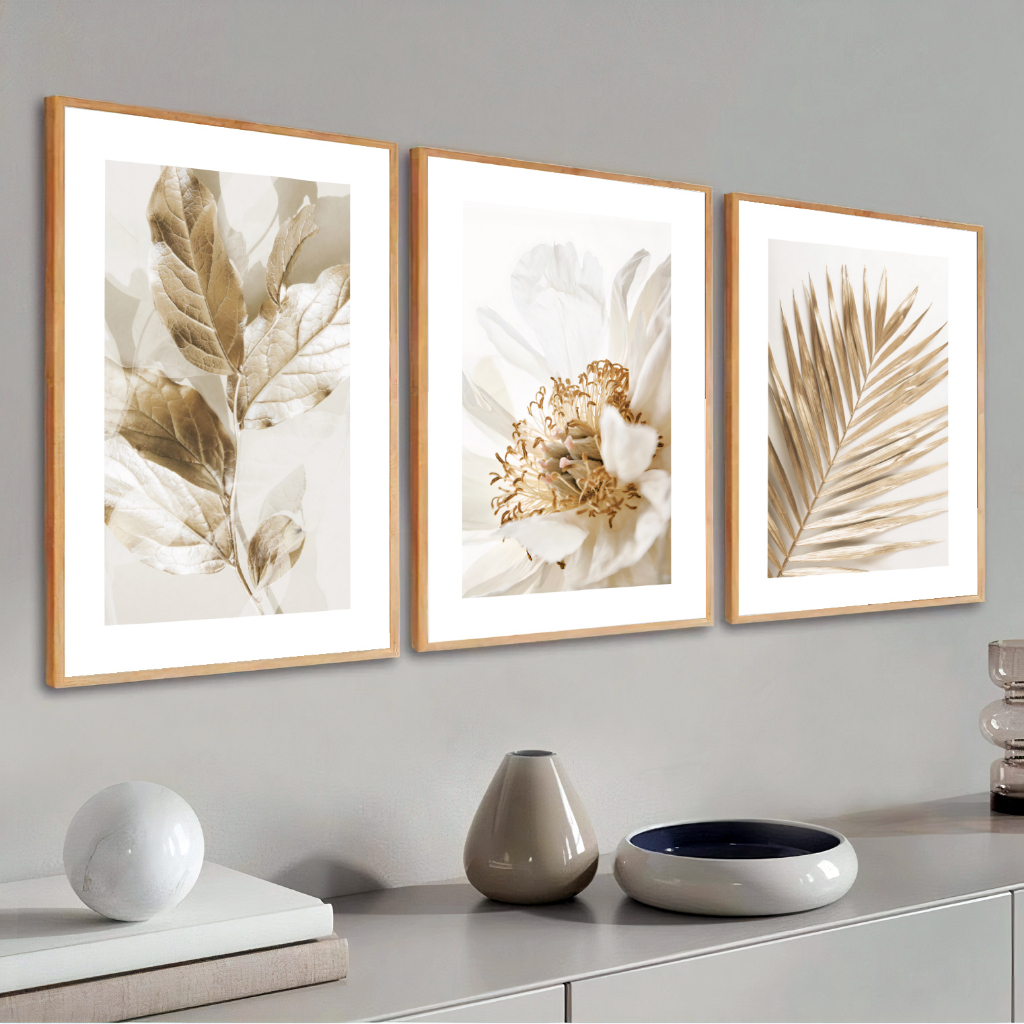 Kit 3 Quadros Decorativos Folhagem Dourada Gold Moldura 40X60 cm Sala Grande Moderno