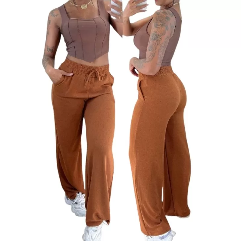 Calça Pantalona Lanzinha Cintura Alta Com Elástico Na Cintura Feminina Calça Pilates