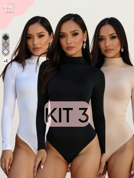 KIT 3 Body Feminino Suplex manga longa gola alta C